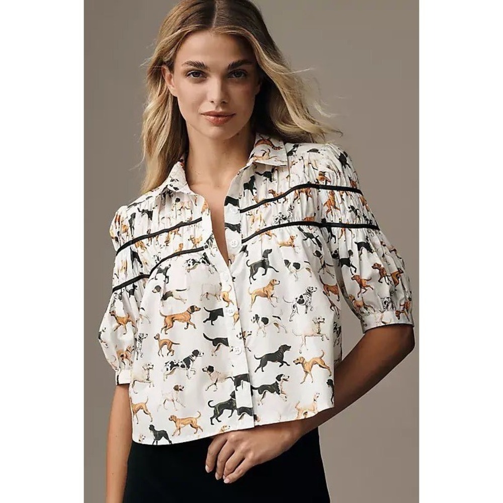 Anthropologie Maeve The Leandra Shirred Yoke Cotton Dog Print Puff Sleeve Blouse - Picture 3 of 7